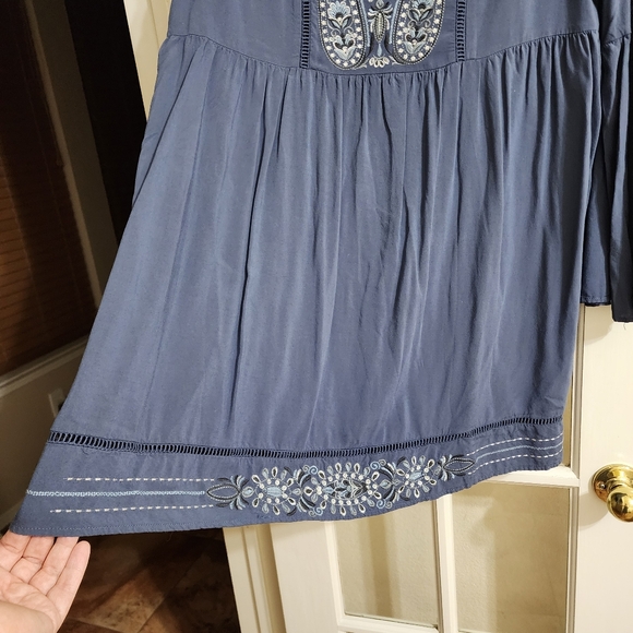 Knox Rose Blue Embroidered Boho Tunic Dress XL Bell Sleeve Peasant Mini - Picture 7 of 13